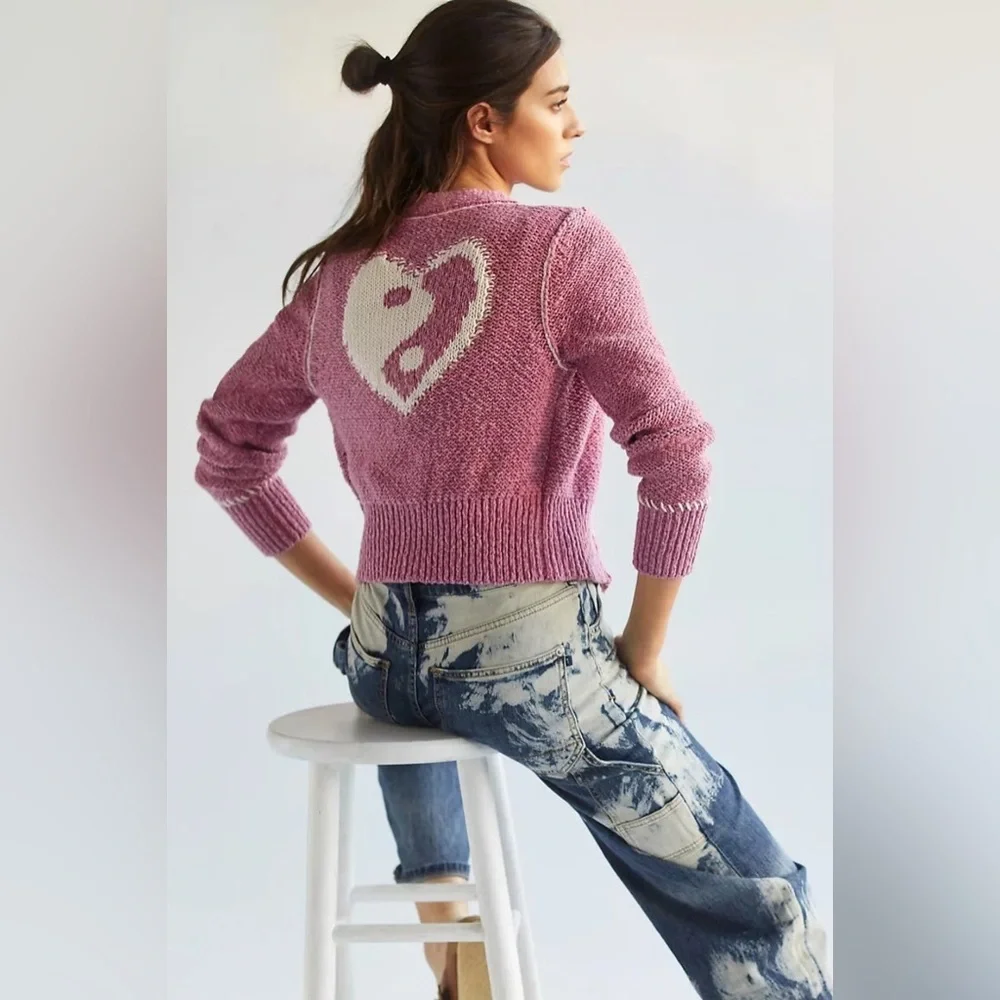Anthropologie Pilcro Yin Yang Icon Heart Cardigan Pink Size XS Spring Preppy - Picture 3 of 15